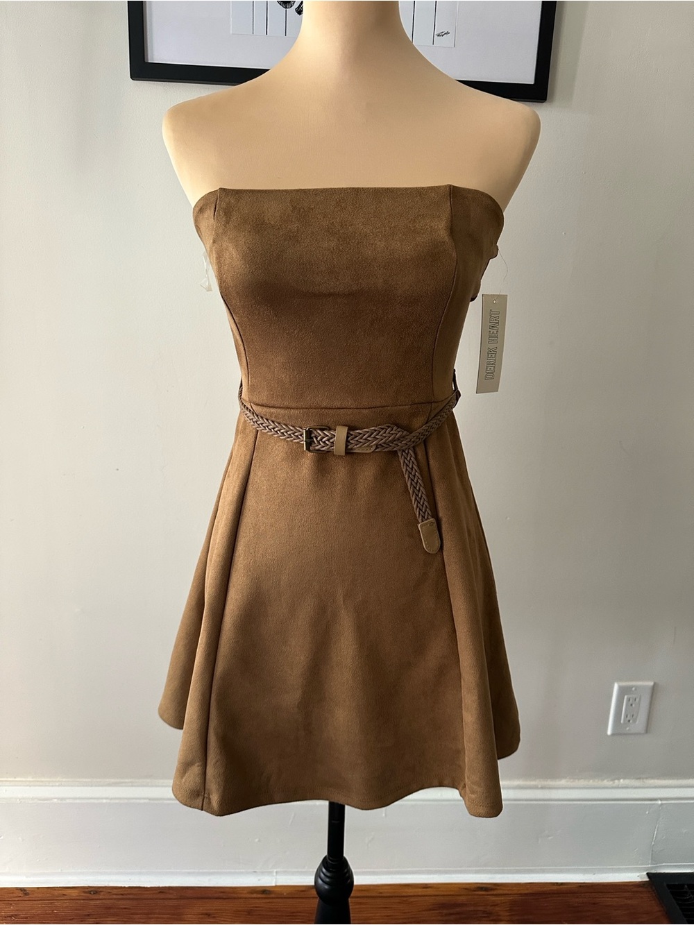 NWT Derek Heart Brown Faux Suede Strapless A-Line Dress Braided Belt Size S
